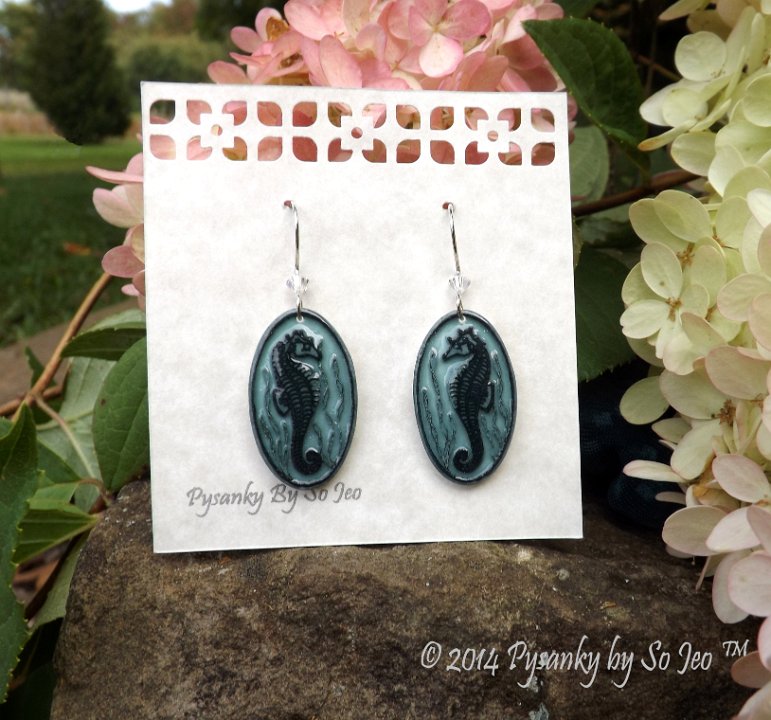Seahorse Etched Emu Egg Earrings Pysanky Jewelry by So Jeo
